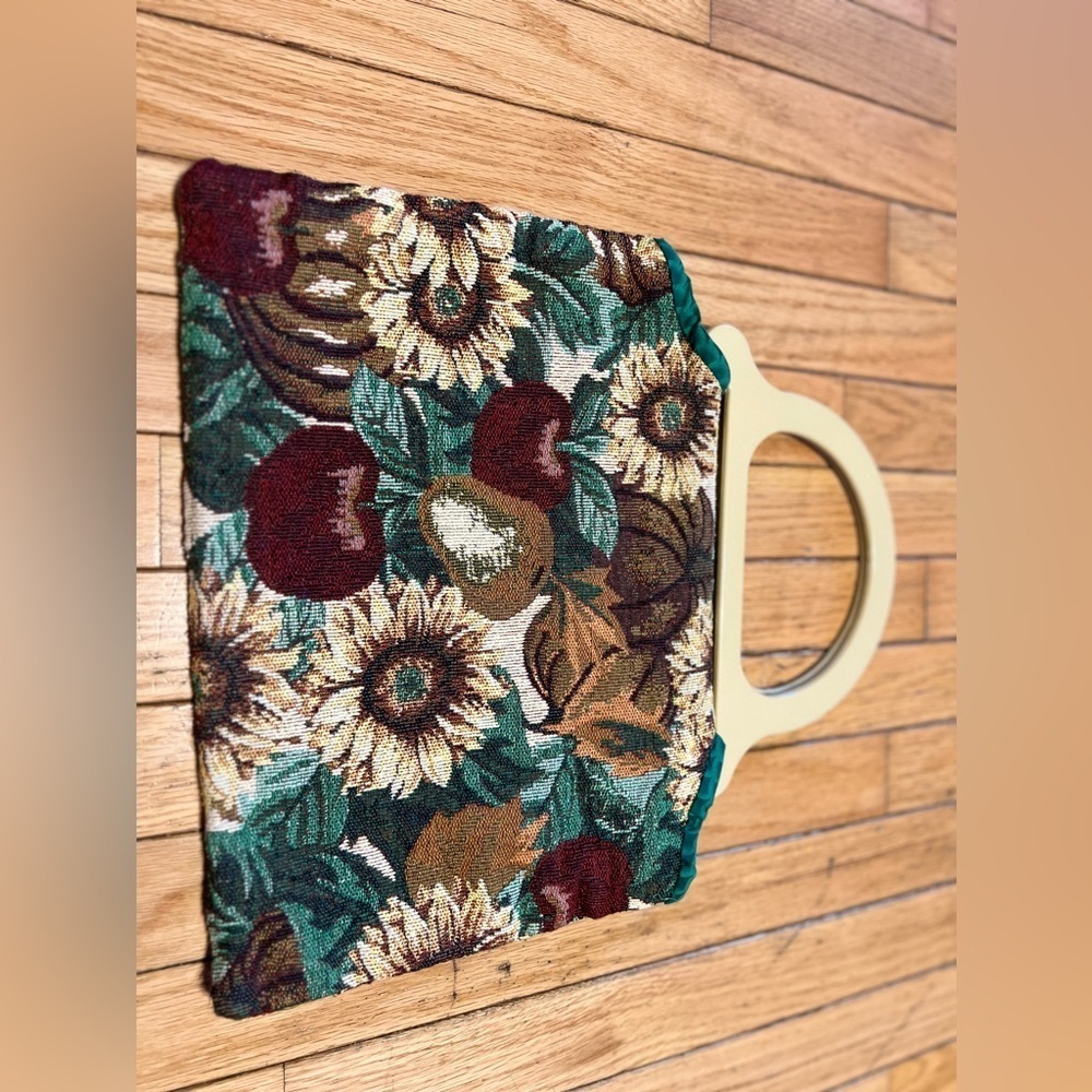 Floral Tapestry Handbag with Wooden Handle - Picture 2 of 5